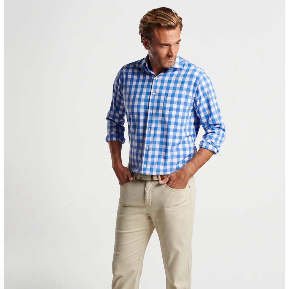 Peter Millar Crown Sport summer comfort Button Down Shirt Blue plaid Sz XL